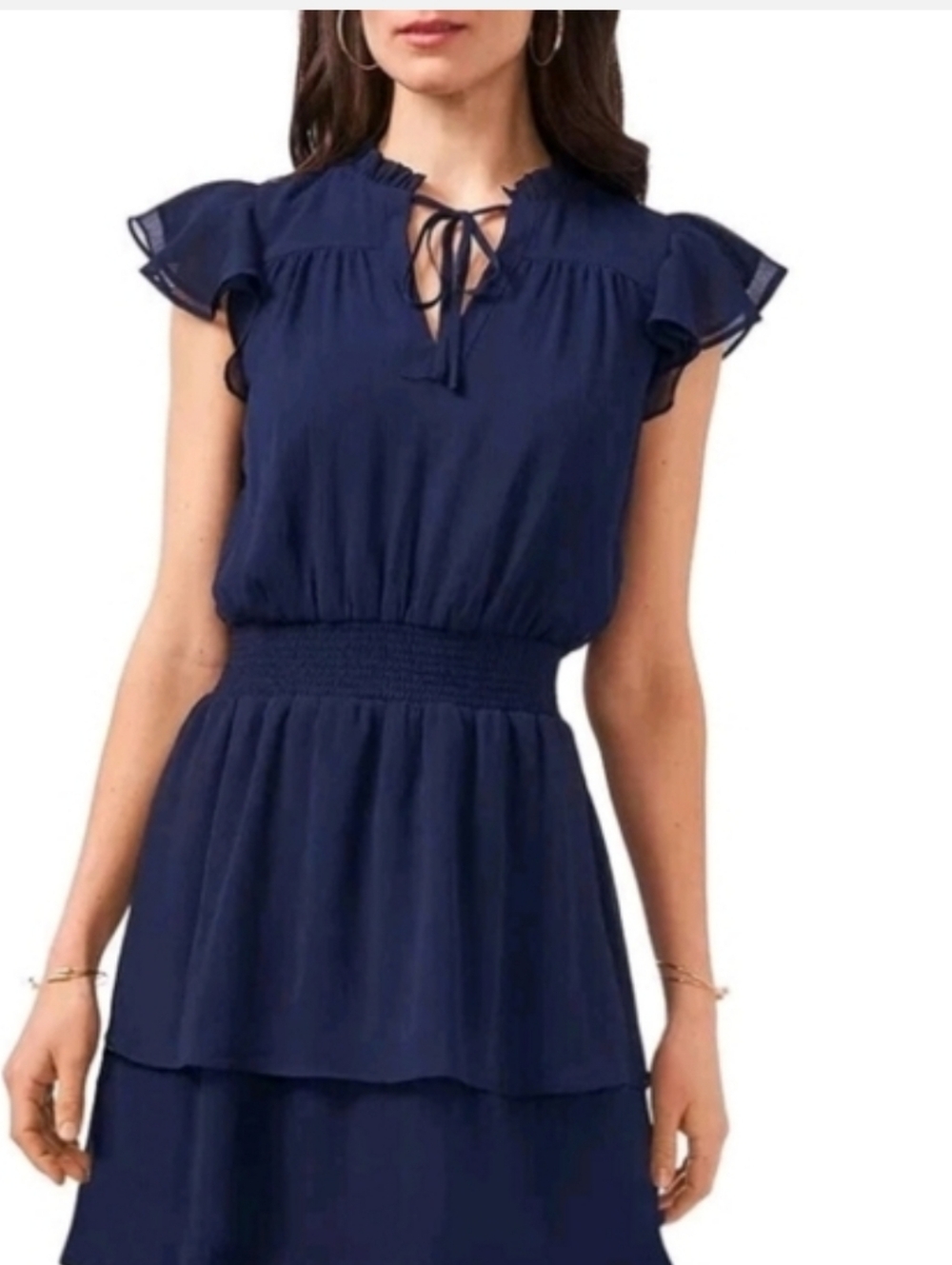 Women's Black Ruffle Sleeve Tiered navy Blue Glitter Sleeve Short Dress